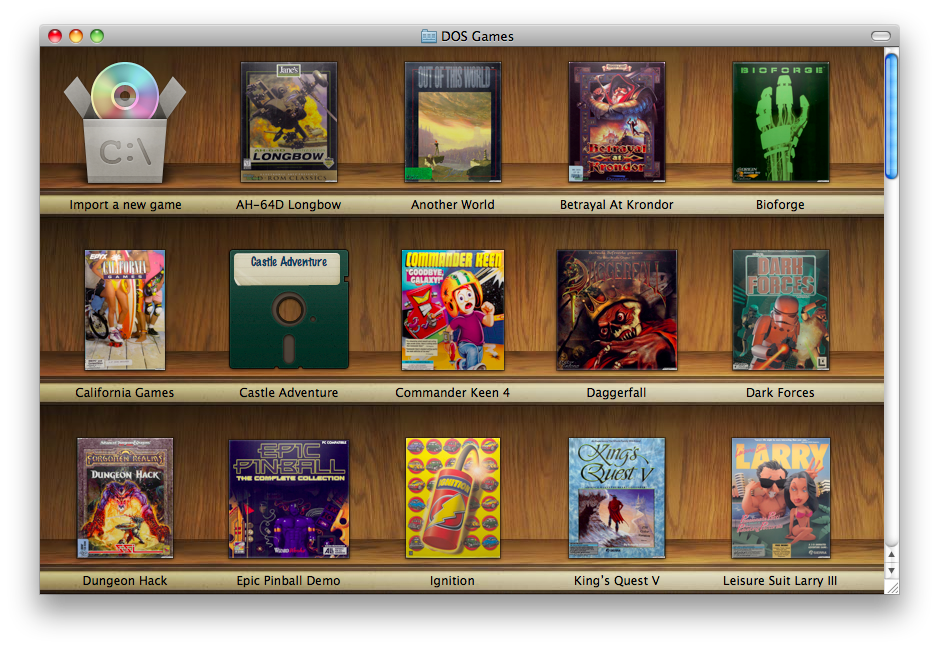 Boxer game shelf showing DOS gameboxes with cover art